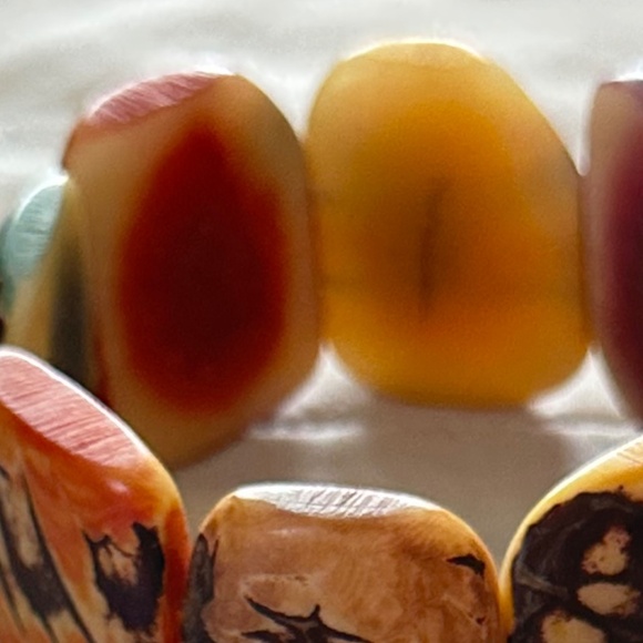 Tagua nut stretchy bracelet, about 7.5” long. Multicolor, carved - Picture 11 of 13
